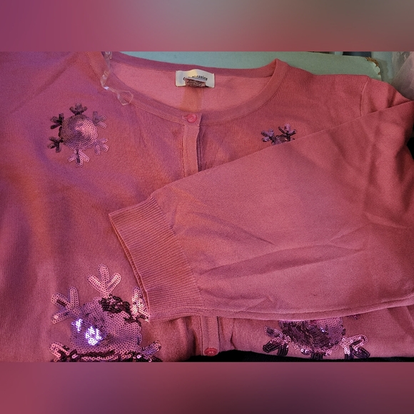 NWOT WMS Pink 3/4 Sleeve Sequinned Snowflake Cardigan Sweater sz 3x - Picture 2 of 5
